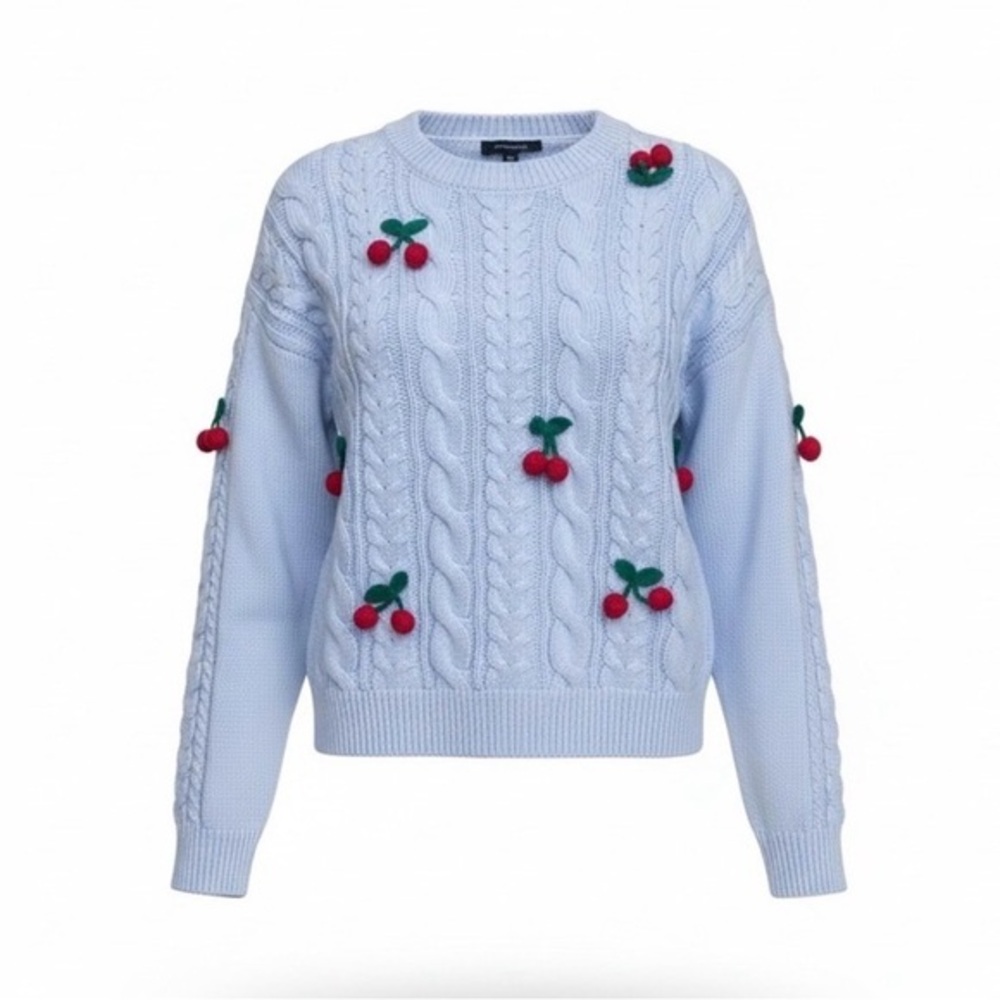 NEW ANTHROPOLOGIE CALLIGRAPHIE BLUE CABLE KNIT PULLOVER 3D CHERRY DETAIL SZ LG